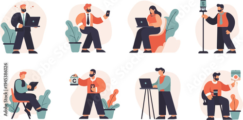 Diverse individuals engaged in work and leisure with modern technology