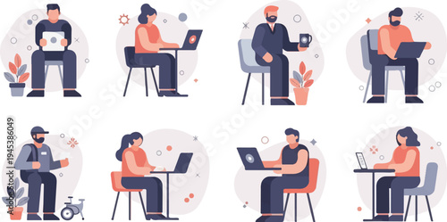 Diverse individuals engage in remote work, study, and leisure activities with technology