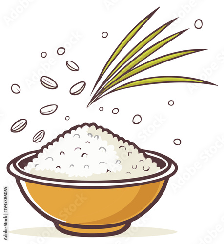 Bowl filled with cooked rice grain and green garnish with scattered grains above
