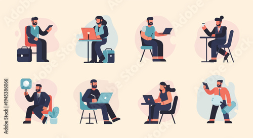 Diverse individuals engaged in various work-related activities with modern technology