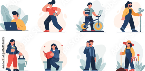 Diverse individuals engage in varied daily activities, including work, exercise, and leisure