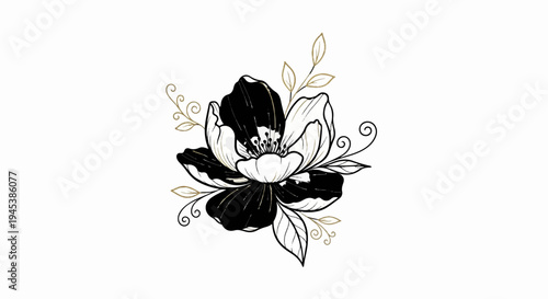 Elegant black and white flower with delicate golden accents