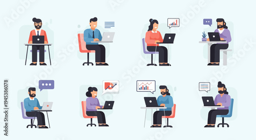 Diverse individuals working on laptops, communicating, and analyzing data