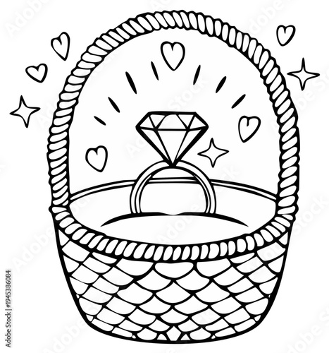 Hand drawn diamond engagement ring in basket with hearts and sparkles celebration