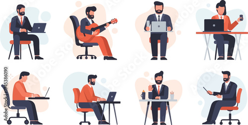 Diverse professionals engage in various work and leisure activities