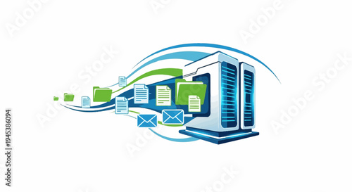 Digital data flow server, folders, documents, and emails moving in waves