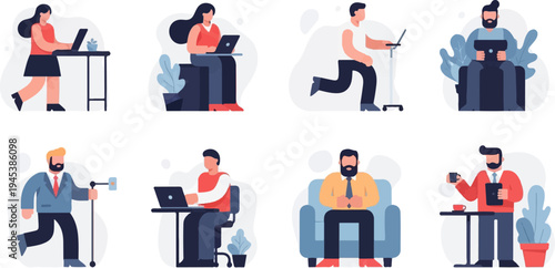 Diverse individuals engaged in various work-related activities and leisure pursuits