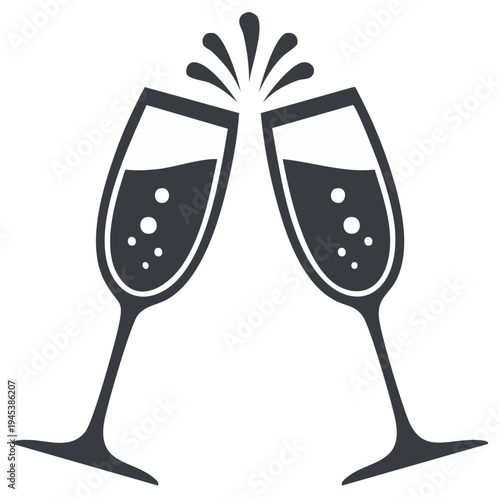 Cheers! Two champagne glasses clinking to celebrate, flat vector design