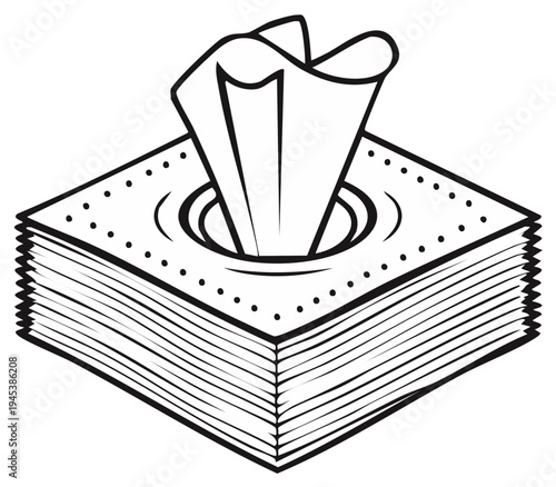 Cartoon Tissue Box with Tissues in a Simple Black and White Line Art Style