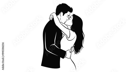Romantic Couple Hugging and Kissing Illustration, Love Relationship and Affection Concept
