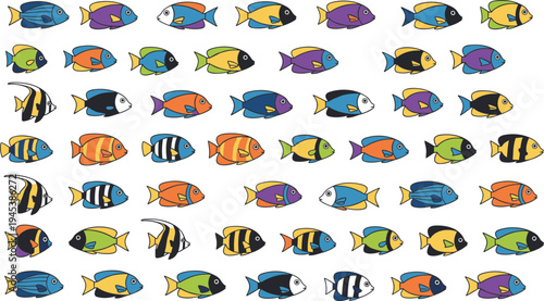 Large set of colorful tropical fish vector icons featuring various exotic sea life species and marine animals for aquarium ocean and underwater nature design projects.