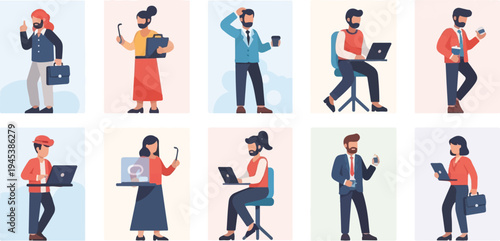 Diverse professionals engaged in various work-related activities, some with laptops and coffee