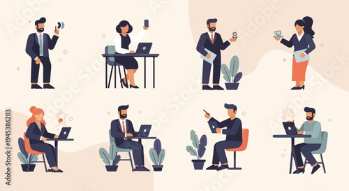 Diverse office workers in a modern, minimalist setting, engaged in various tasks