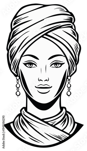 Elegant woman wearing turban and earrings in black and white line art portrait