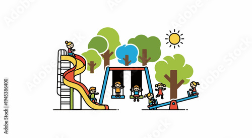 Children enjoying a sunny day at the park on playground equipment