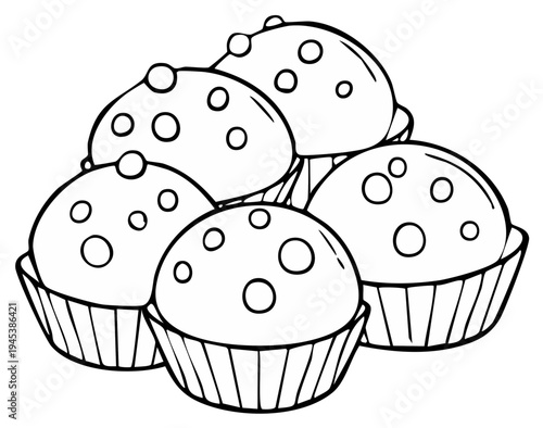 Black and white illustration of a collection of muffins with dots in cupcake liners