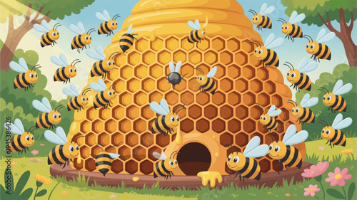 Busy bees flying around a large honeycomb hive in a sunny garden with flowers and trees