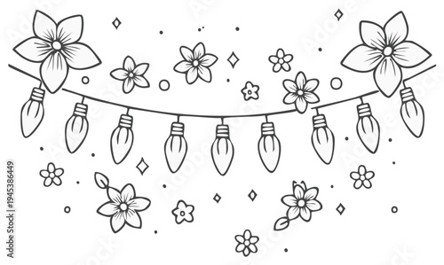 Whimsical String Lights Adorned with Flowers and Stars Hand Drawn Outline