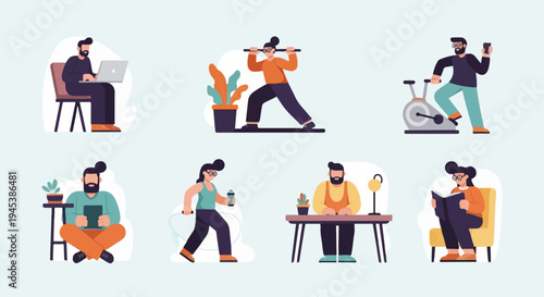 Diverse people engaged in various activities work, exercise, reading, and relaxation