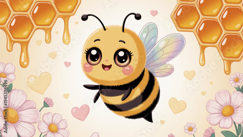 Smiling cartoon bee flying near honeycombs and flowers surrounded by hearts with a cheerful expression and colorful wings in a sweet illustration