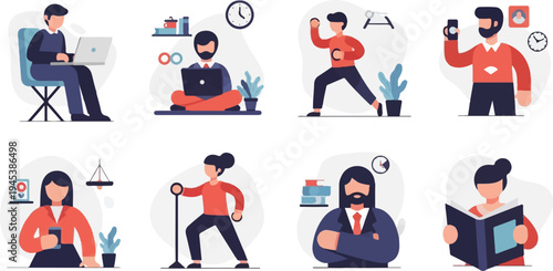 Diverse people engaged in various modern activities, from work to leisure