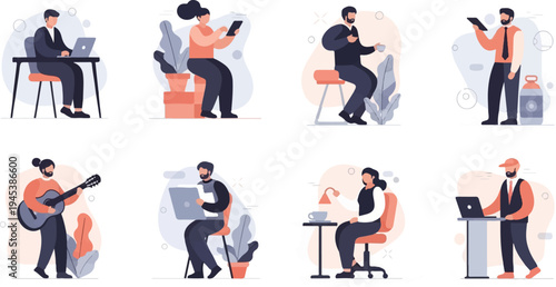 Diverse individuals engaged in various activities like working, playing music, and relaxing