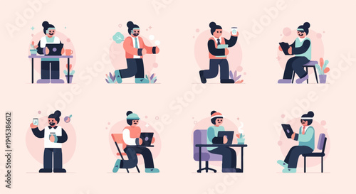 Diverse individuals engaged in various modern activities, working and relaxing