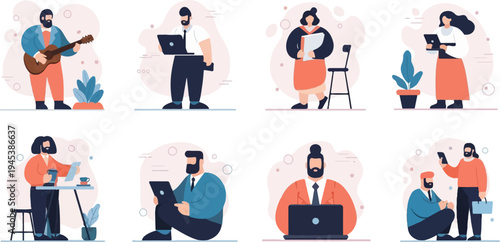 Diverse individuals engaged in various activities like playing guitar, using laptops, and drinking coffee