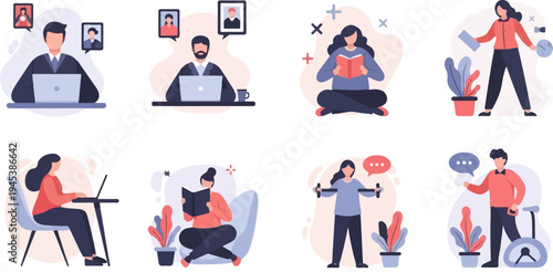 Eight illustrations show people engaged in work, reading, exercise, and communication