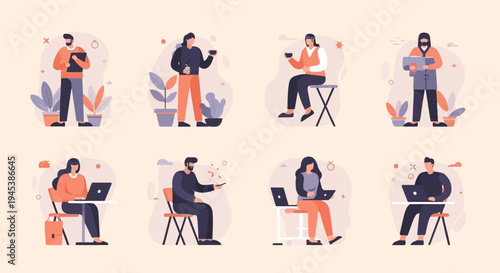 Diverse individuals engaged in various daily activities, some with technology