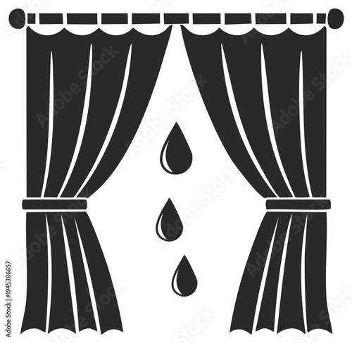Window curtains with falling water drops a symbol of leaking or dampness