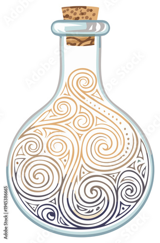 Whimsical potion bottle with ornate swirling design and cork stopper