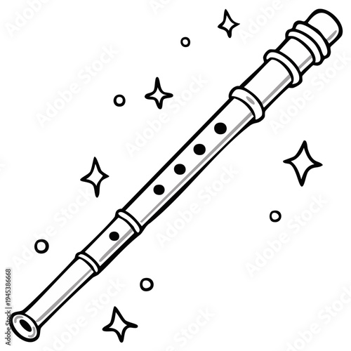 Whimsical black and white illustration of a recorder instrument with sparkling stars and circles