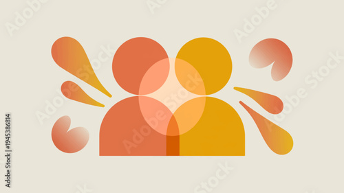 Two people icons with speech bubbles in orange and yellow hues on beige background representing communication and teamwork
