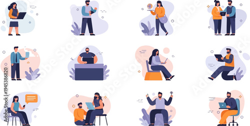 Diverse individuals engage in various digital tasks and interactions within abstract settings