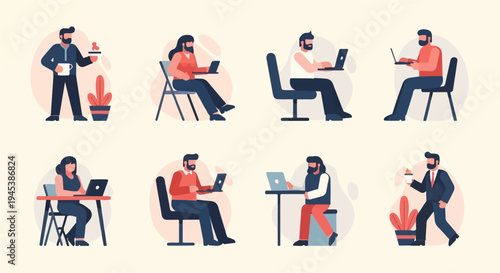 Diverse individuals engaged in laptop work and daily routines