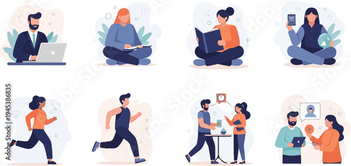 Diverse people engaged in various activities working, reading, running, and conversing