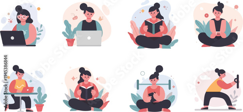 Diverse women engaged in various leisure, work, and fitness activities