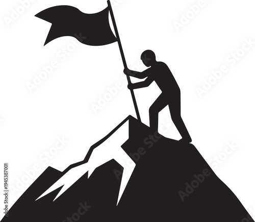 Determined climber hoisting a flag atop a rugged mountain peak silhouette vector icon
