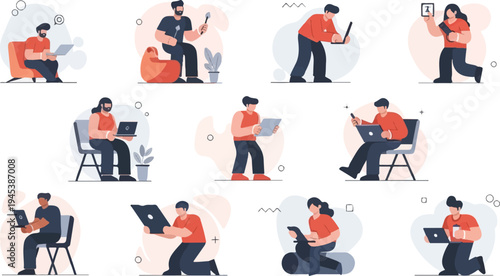 Diverse individuals engage with laptops, tablets, and phones in various settings