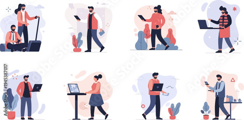 Diverse individuals engaged in digital activities and work across various settings