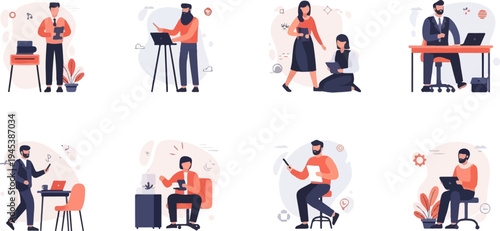 Diverse individuals engaged in office work, learning, and technology use