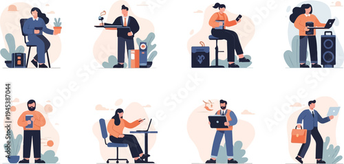 Diverse individuals in casual business attire engage with technology and office items