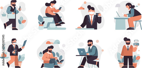 Diverse individuals engage in various modern work and leisure activities, some masked