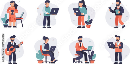 Diverse group of stylized individuals engaged in various activities