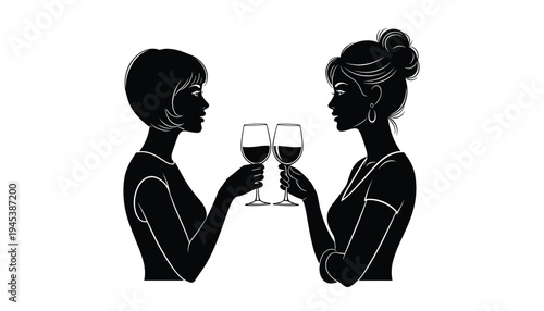 Women Cheers with Wine Glasses Silhouette Illustration, Female Friends Celebrating Together