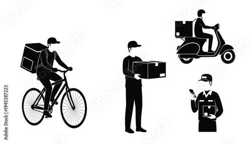 Delivery Service Worker Set Illustration with Bicycle Courier, Scooter Rider and Package Handler Icons