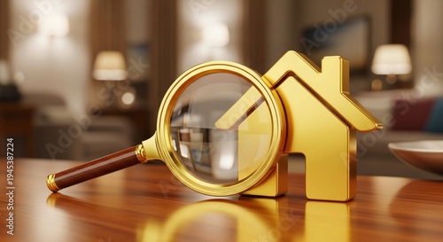 A Hand holding wooden star through magnifying glass,golden house-shaped icon and a magnifying glass with a gold rim placed on a wooden surface in a blurred living room setting, symbolizing real estate