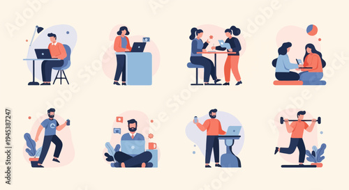 Diverse individuals engaged in work, leisure, and fitness activities (1)