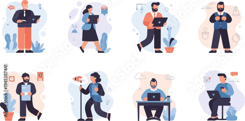 Diverse individuals engaged with technology in a modern, abstract style